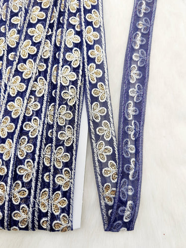 Wholesale Navy Blue Net Lace Floral Embroidery & Glitter Gold Sequins, Indian Wedding Border, Gifting Ribbon Costume Trim Fashion Trimming